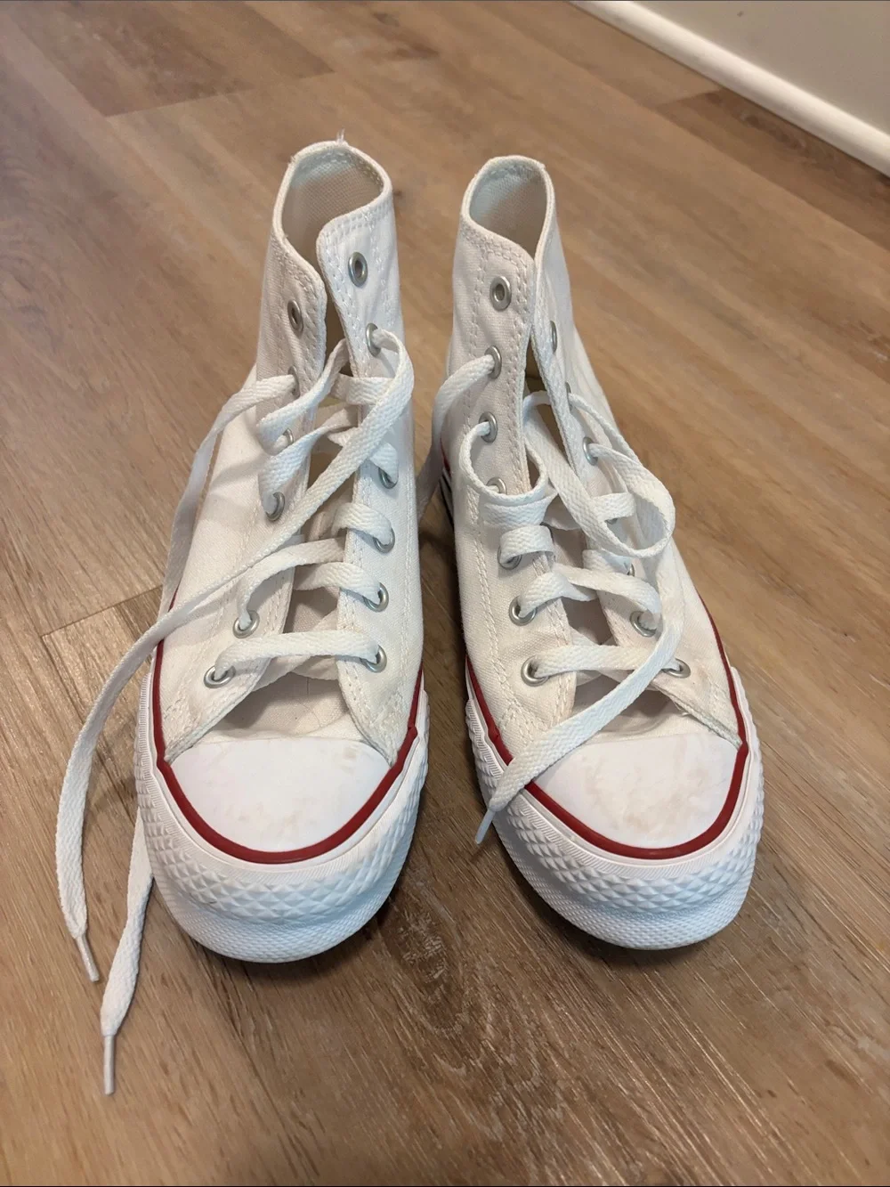 Converse White High Top Sneakers with Red Trim
